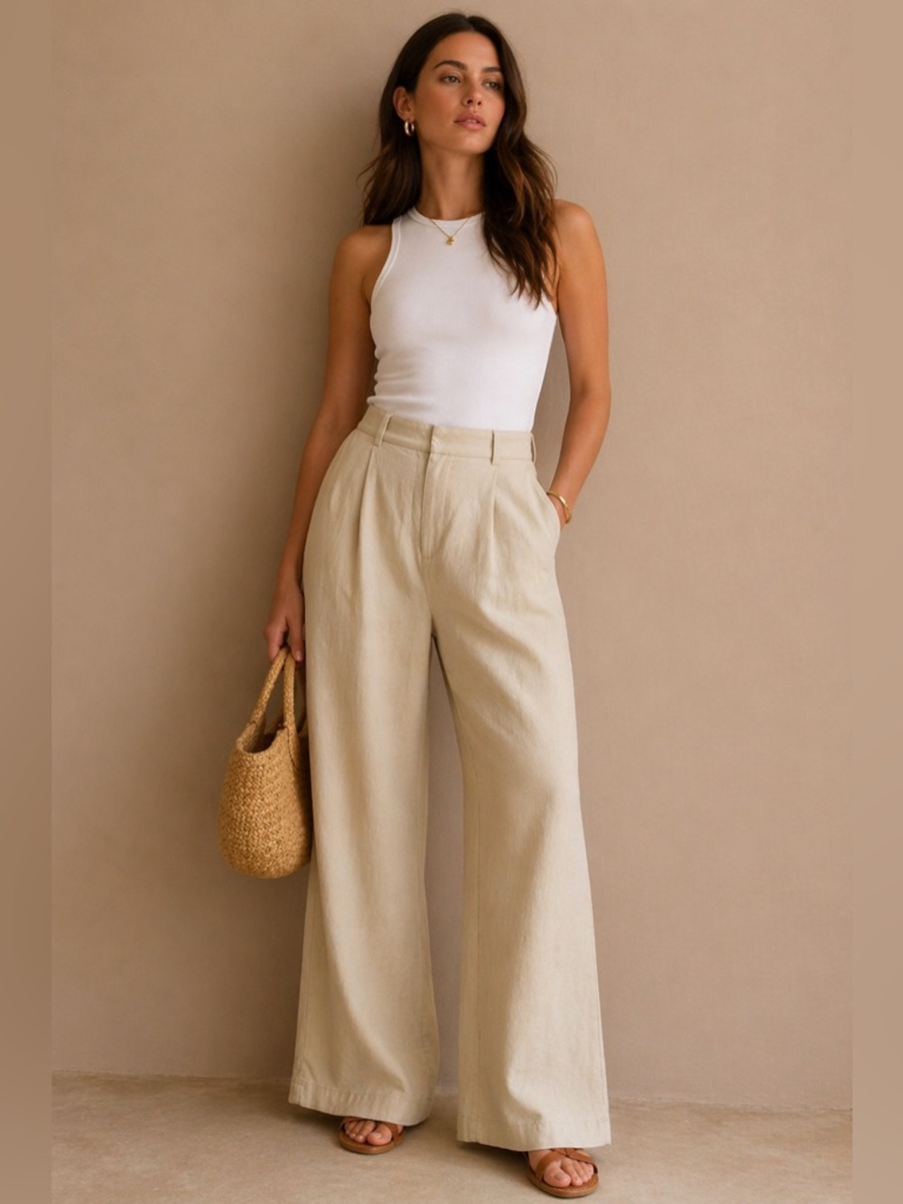 House of Harlow 1960 Wide Leg Pants in Ivory/Tan